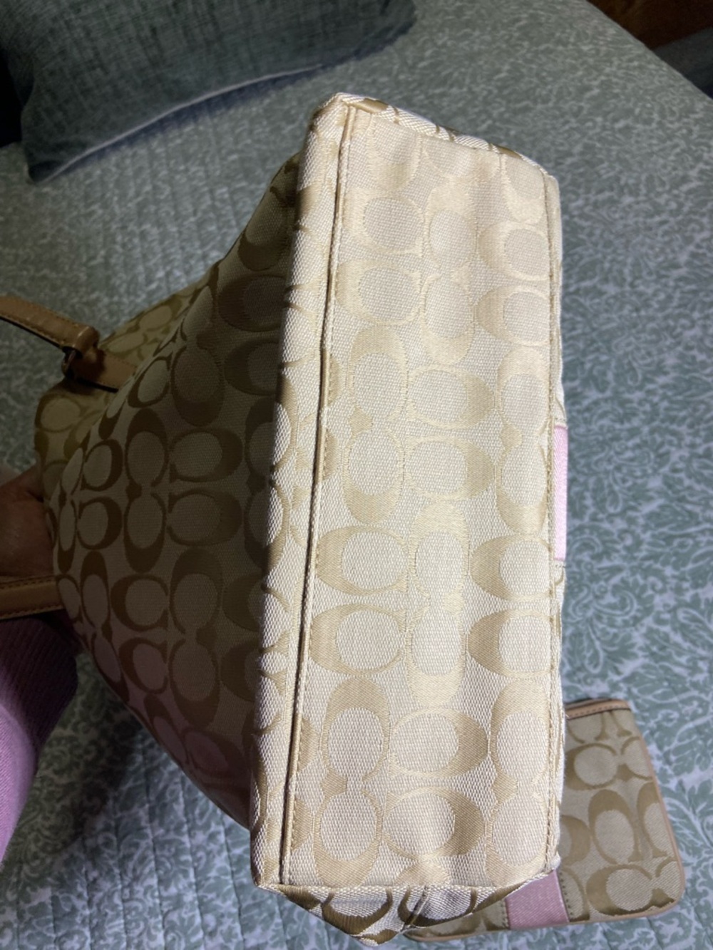 Coach Beige Signature Canvas Tote with Pink Center Stripe and Wristlet - Picture 4 of 7